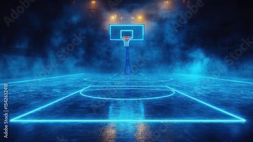 Empty basketball court with glowing blue neon lines and foggy atmosphere at night