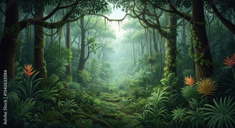Obraz premium Lush Green Tropical Forest With Vibrant Flora