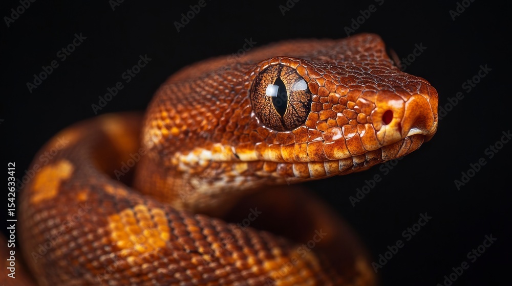 Fototapeta premium Close-up of a reddish-brown snake with intricate scales against a black background, showcasing its eye and head details.