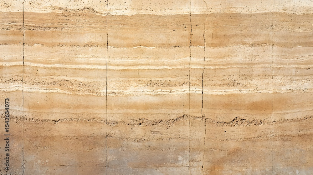 A close up of earthen wall textures displaying soil layers of tan color shades on a sunny day outside.