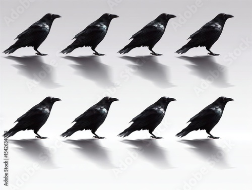 Nine black crows in a symmetrical pattern against a light gray background
