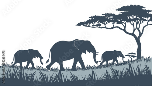 Silhouette of Elephant Family – Wildlife Vector Illustration