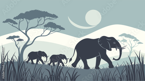 Silhouette of Elephant Family – Wildlife Vector Illustration