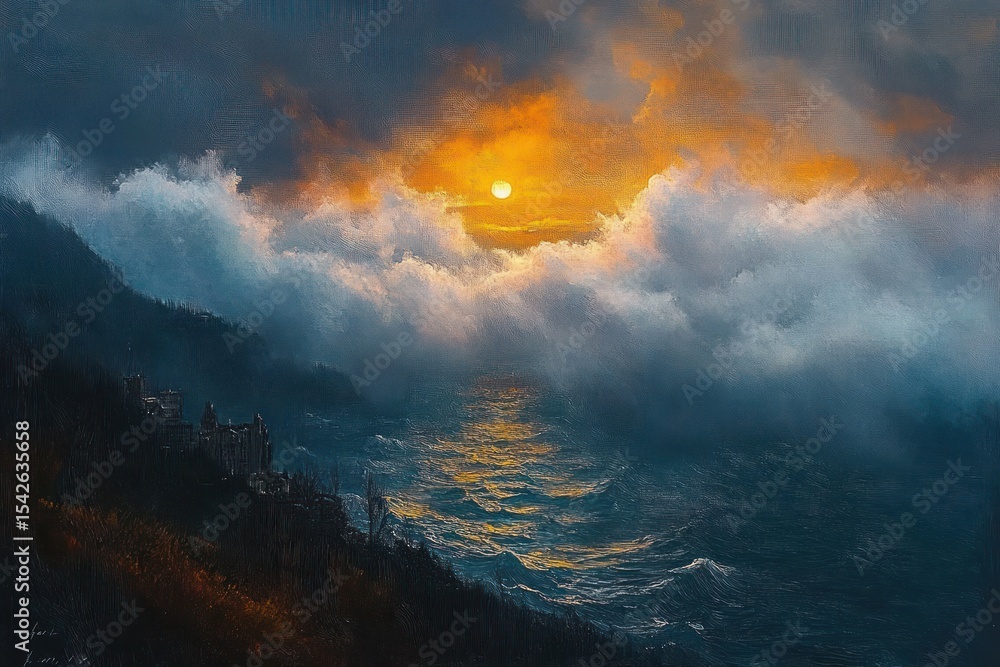 Fototapeta premium Sun setting behind thick clouds over a dark stormy sea with waves reflecting orange light and silhouetted coastline with trees and buildings