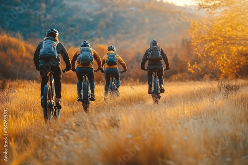 Four people riding bicycles on a grassy trail through autumn landscape with warm sunlight and golden trees
