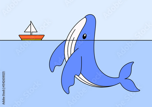 Whale breaching ocean cute cartoon vector illustration