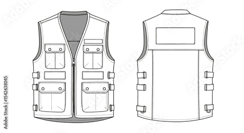Flat technical sketch of a utility vest, front and back views, minimal black outline on white background