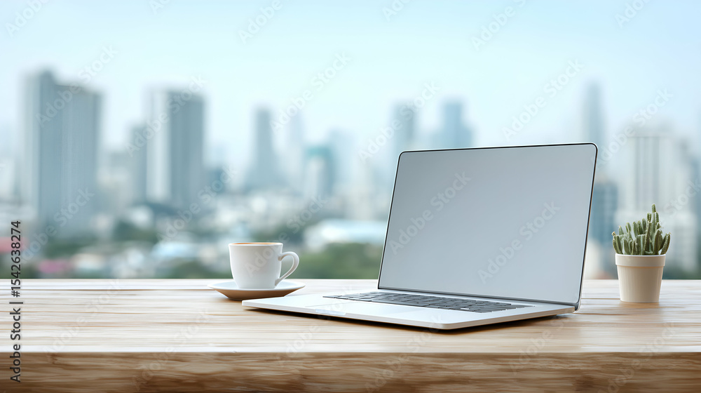 Fototapeta premium Inspiring workspace with a modern laptop, coffee and city view fosters creativity and productivity