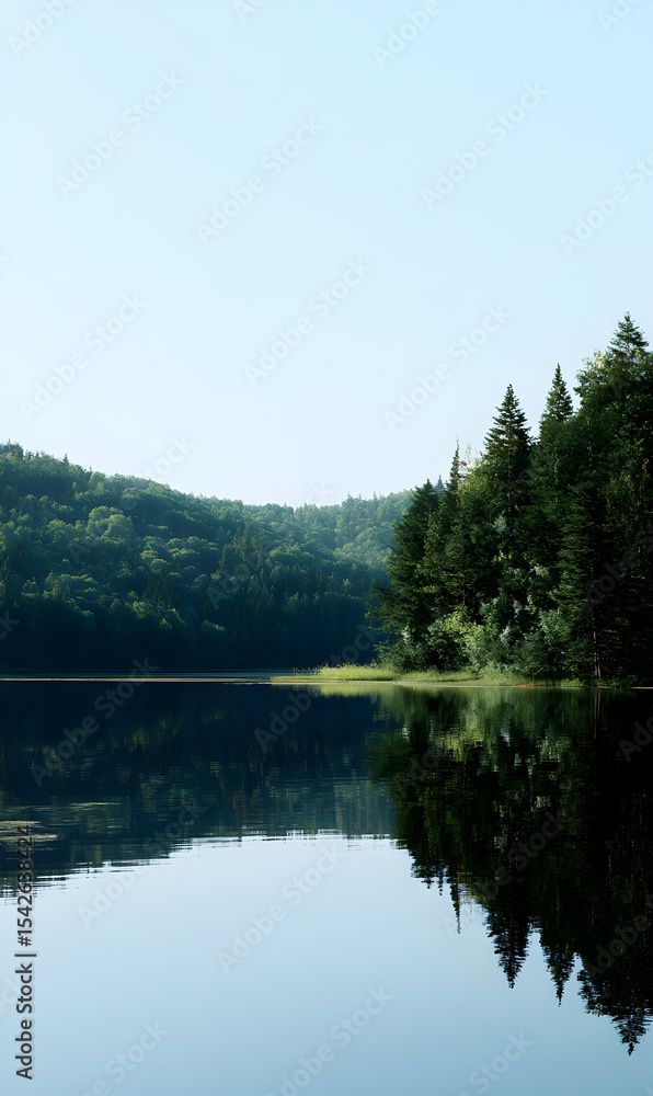 Serene lake surrounded by evergreen trees casting reflections in the tranquil water under a clear sky scenic nature photography Serene lake surrounded by evergreen trees casting reflections in the tranquil water under a clear sky scenic nature photography