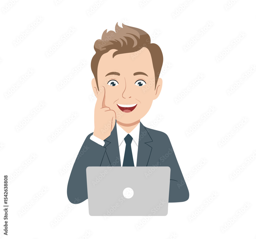 Cartoon man in suit uses laptop and has an idea with finger up against his face while smiling Cartoon man in suit uses laptop and has an idea with finger up against his face while smiling