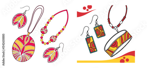 Illustrated collection of colorful jewelry pieces features earrings necklaces and bracelets in vibrant artistic designs.