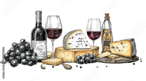 Gourmet cheese and wine pairing menu with sketch elements Transparent background, PNG file