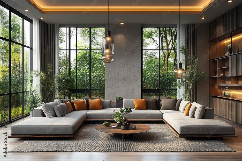 Fototapeta premium Modern spacious living room with large gray sectional sofa accented by orange and gray cushions, round wooden coffee table, indoor plants, pendant lights, and large windows overlooking green trees