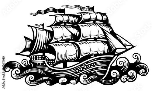 A majestic tall ship with full sails, navigating through a turbulent sea, depicted in a classic engraved style.
