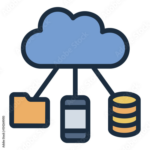 cloud network filled line icon with device and database