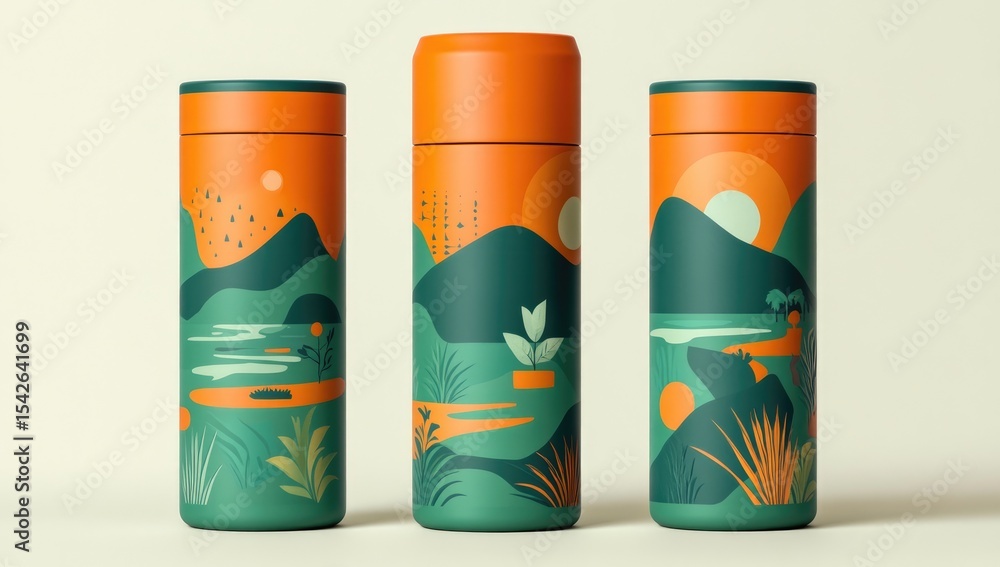Fototapeta premium Three cylindrical insulated beverage containers, featuring vibrant landscape prints