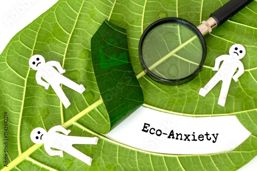 Solastalgia, Eco-anxiety or climate anxiety concept featuring vibrant green leave, water droplets, loupe  or magnifying glass and factory pollution icon 