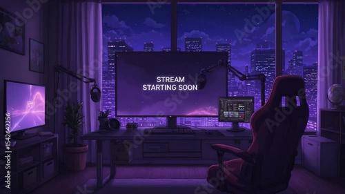 Cozy Streamer Room with City View. Stream starting soon screen, overlay loop, animated virtual backgrounds, cozy lo-fi gaming room view. vtuber asset twitch zoom OBS.
