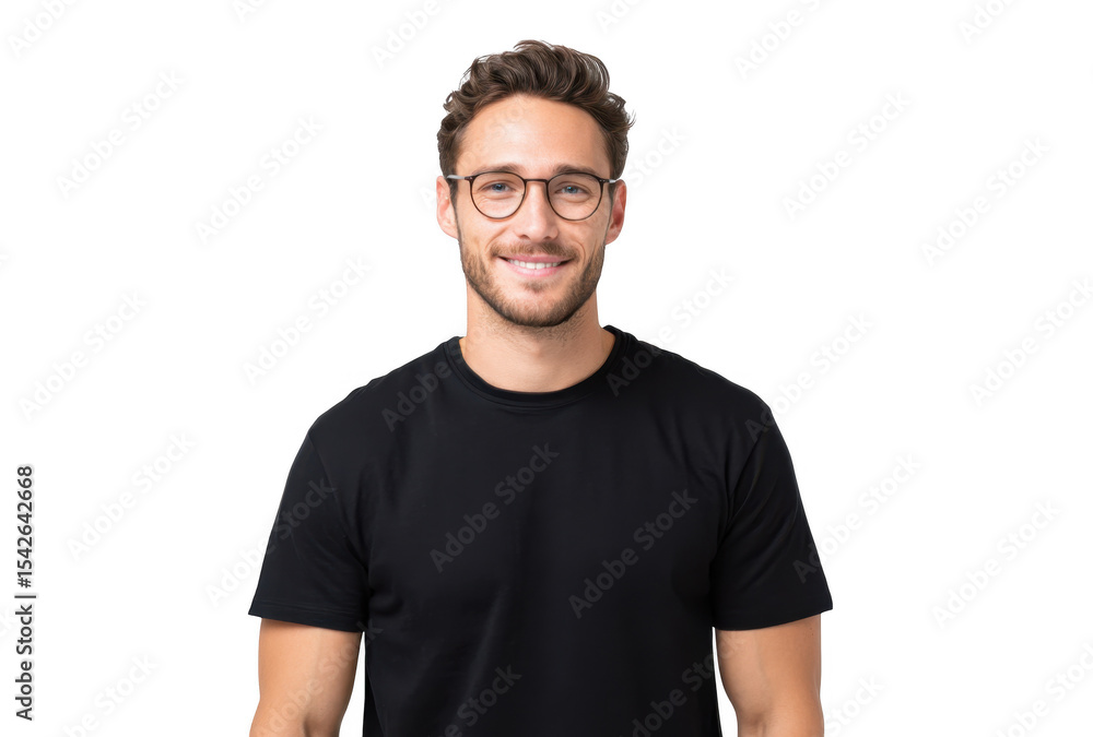 Naklejka premium A young man with glasses smiling confidently while wearing a black t-shirt. set against a clean white background. ideal for personal branding or professional profiles