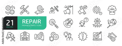 Set Of Repair Line Icons. The set includes a Maintenance, Repairman, Home Repair, Customer Service, Car Repair, Tools, Appliance Repair, and more.