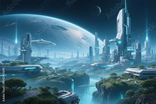 Futuristic Cityscape with Advanced Architecture and a Luminous Planet in the Background