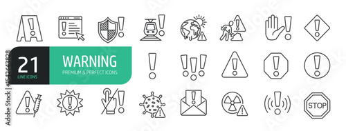 Set of Line Icons Related to Warning, Alert, Risk Sign, Caution, Exclamation Mark,  Alert Information, Accident Notification.