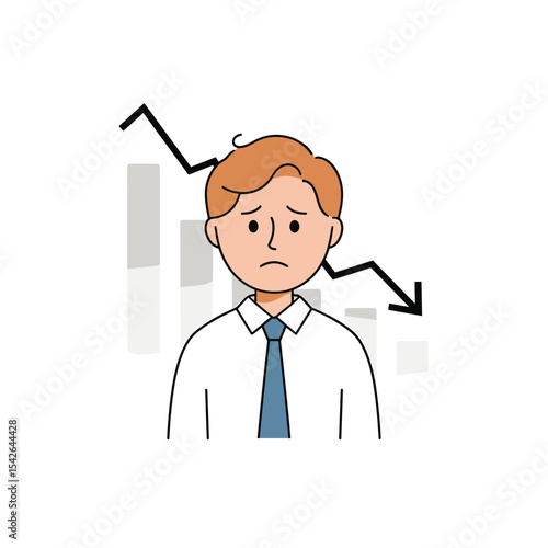 Cartoon man in shirt and tie looking worried with a downward trending graph and bars in the background