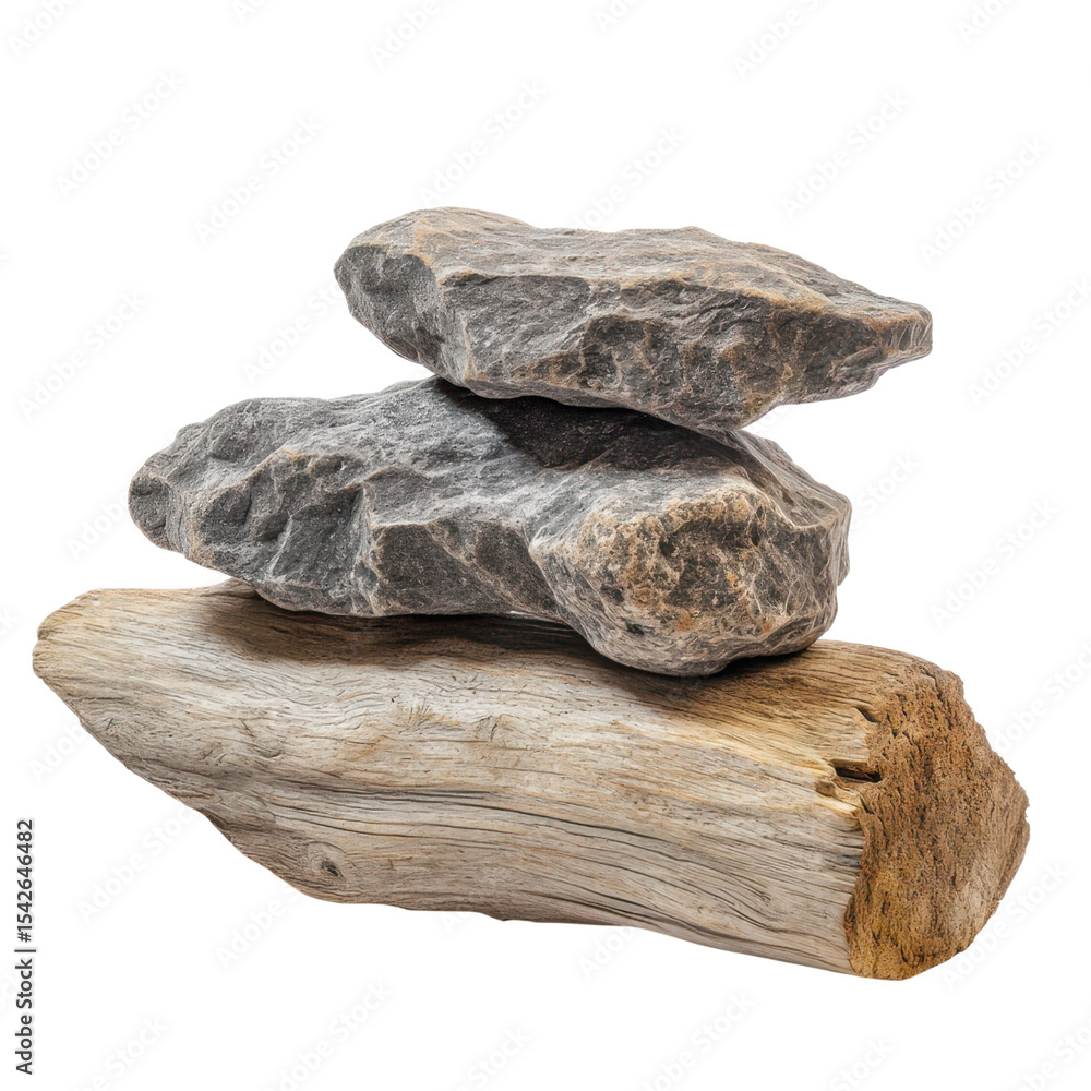 Fototapeta premium Stack of gray rocks resting on a piece of weathered driftwood on white backdrop
