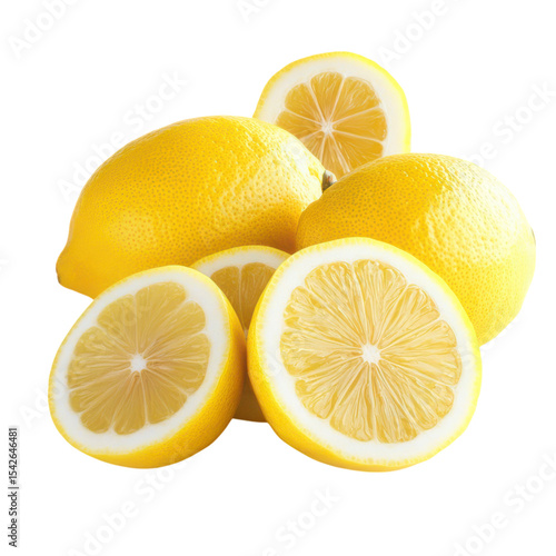 A pile of whole and sliced lemons arranged on a white background surface