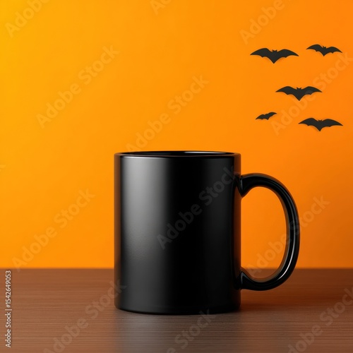 Black mug on orange background with Halloween bats
