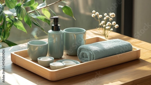 Light-blue ceramic toiletries on a wooden tray.
