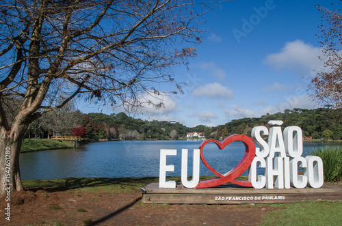 City name sign of the city on Lake São Bernardo in the Serra Gaúcha in São Francisco de Paula, Rio Grande do Sul, Brazil