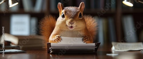 A squirrel sits at a desk, seemingly working.