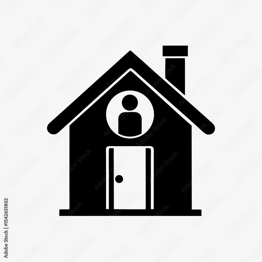 Black house icon with person symbol inside representing stay at home or quarantine concept
Black house icon with person symbol inside representing stay at home or quarantine concept