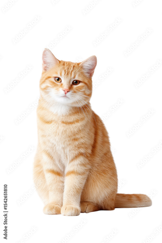 Obraz premium A charming orange tabby cat sitting gracefully against a clean white background. showcasing its playful demeanor and vibrant fur. perfect for pet-related content or animal photography