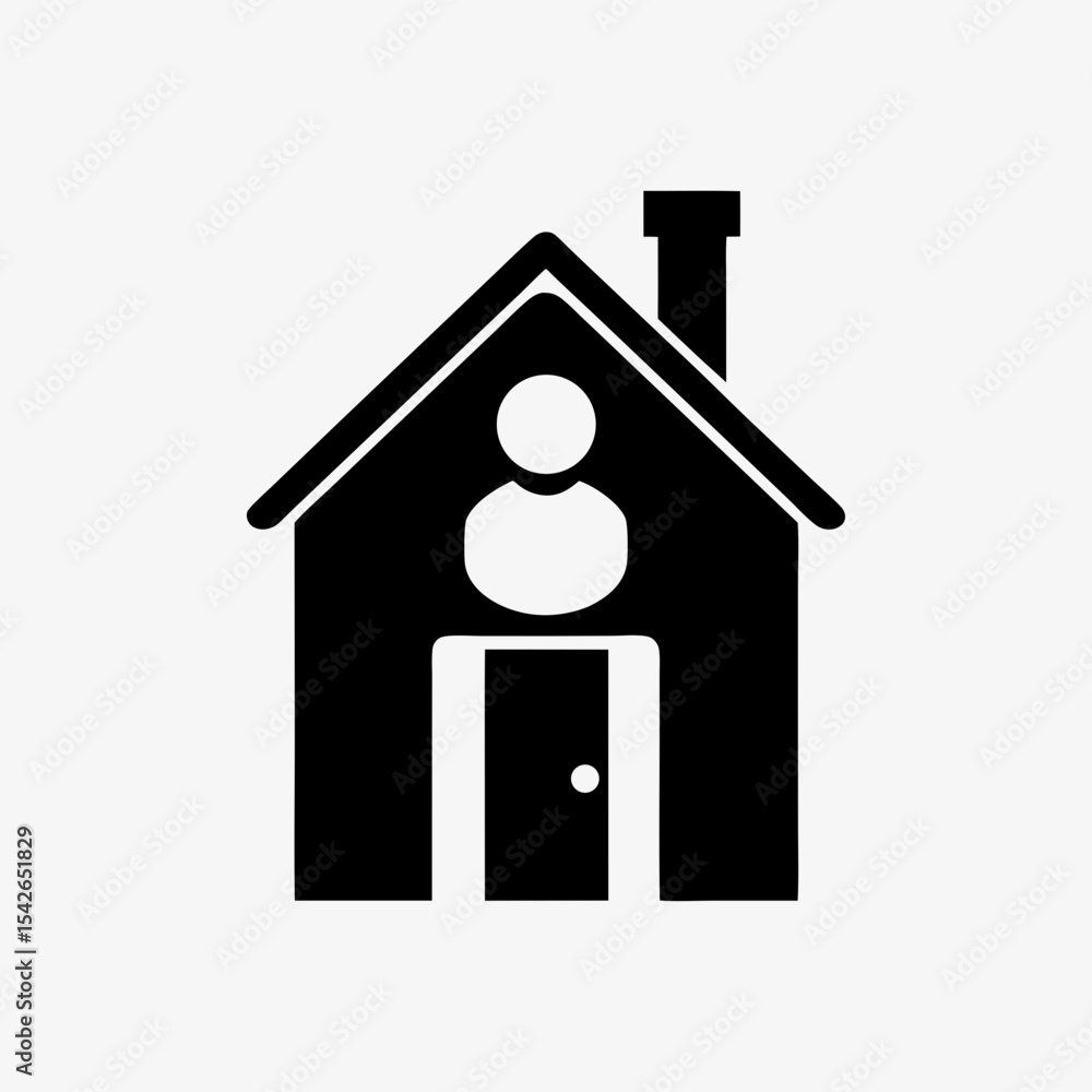 Black house icon with person symbol inside representing stay at home or quarantine concept
Black house icon with person symbol inside representing stay at home or quarantine concept