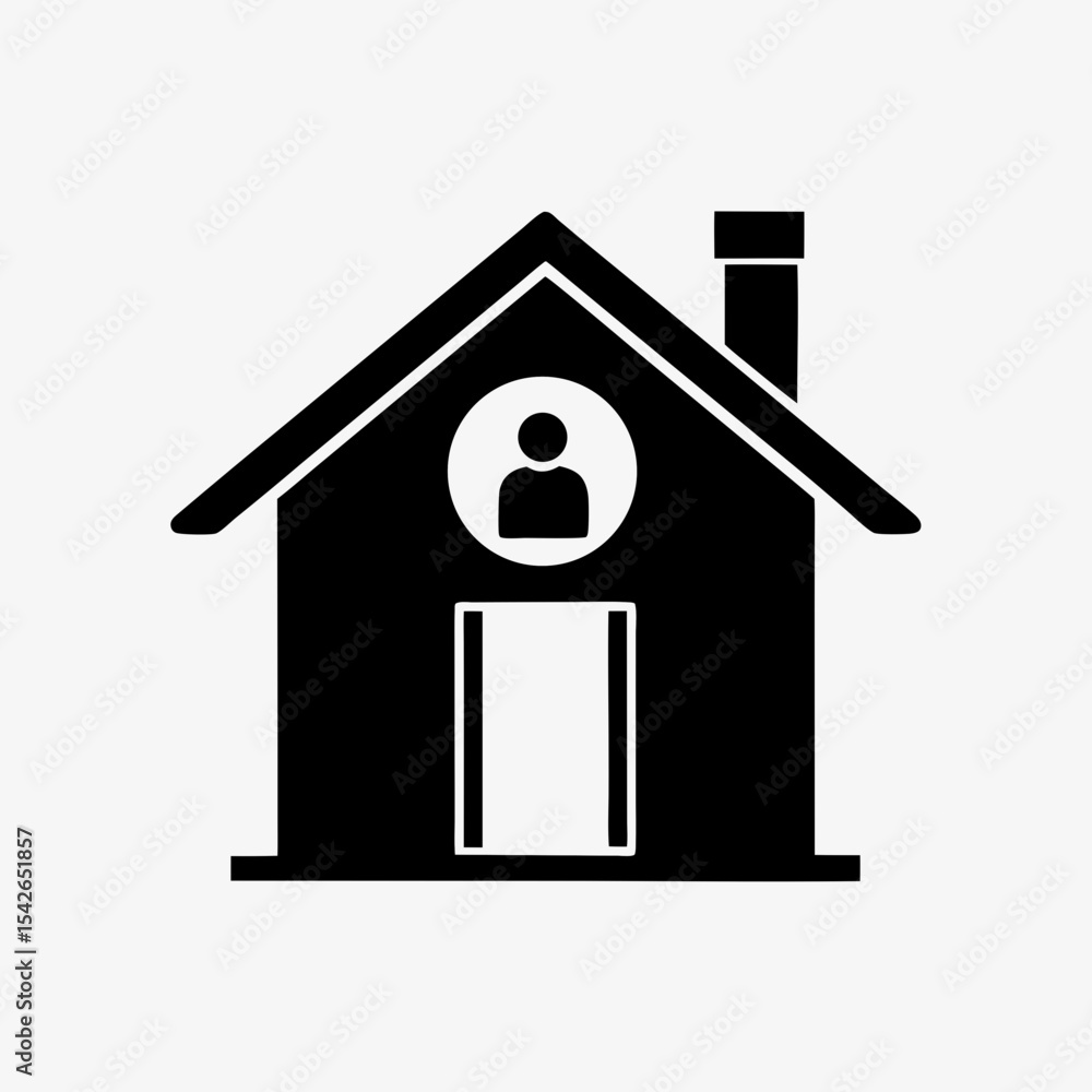 Black house icon with person symbol inside representing stay at home or quarantine concept
Black house icon with person symbol inside representing stay at home or quarantine concept