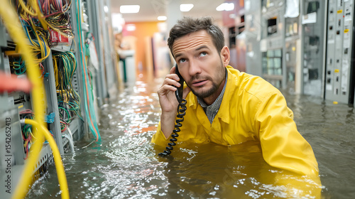 Worried Technician in Yellow Raincoat Making an Urgent Phone Call Amidst a Flooded Server Room