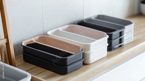 Divided storage containers in various colors on a wooden surface.