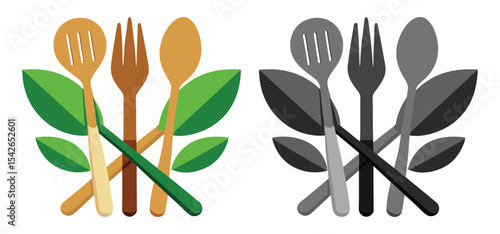 Illustration of kitchen utensils with leaf accents in color and grayscale for dietary food and wellness