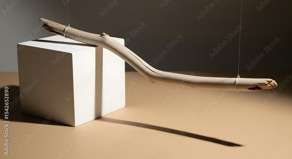 Obraz premium Minimalist Composition Featuring a Wooden Branch Suspended Above a White Cube in a Studio Setting with Soft Light