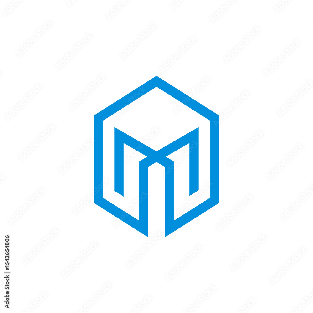 Geometric blue logo design featuring a stylized letter M inside a hexagon Geometric blue logo design featuring a stylized letter M inside a hexagon