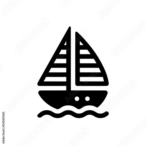 Sailboat icon with detailed mast and striped sails over wave line in bold silhouette