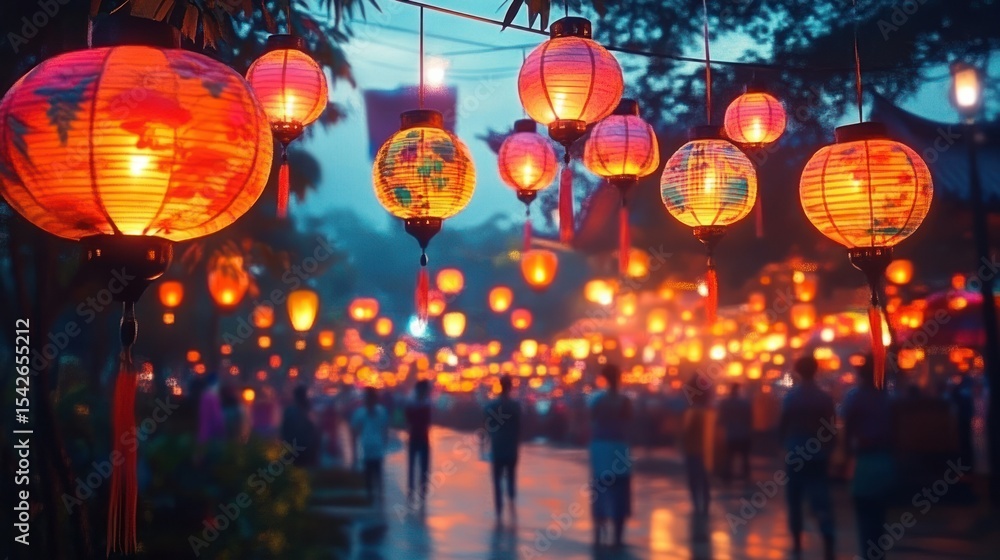 Glowing orange and yellow paper lanterns hanging above a crowd walking on a street at dusk, creating a warm and festive atmosphere