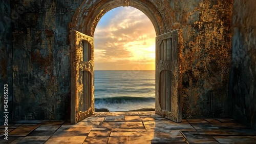 Stone archway opens to ocean sunset; hope, escape