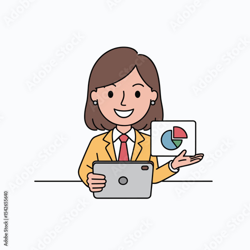 Cartoon businesswoman presenting pie chart while holding tablet in a professional setting smiling