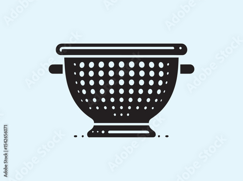 Strong solid black icon of a kitchen colander in a clear side view, minimal curves and detailed edges, ideal for cooking visuals and culinary themes

