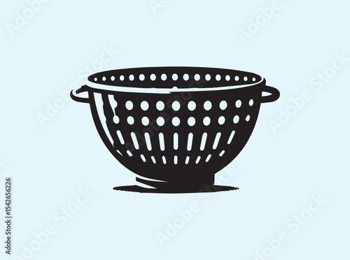 Flat black silhouette of a colander seen from the side, graphic simplicity ideal for kitchen labels, recipe sites, or food prep visuals