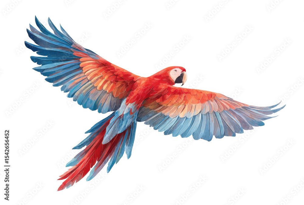 Fototapeta premium A vibrant scarlet macaw gracefully soaring through the air with its wings spread wide. showcasing its colorful feathers against a clean white background. ideal for nature and wildlife themes
