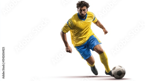 Athlete in Action Kicking Soccer Ball on White Background